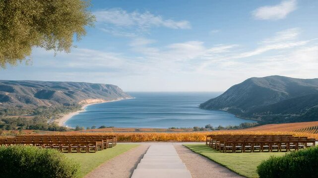 Spectacular Coastal Landscape: Captivating panoramic vista overlooking a serene bay, framed by rolling hills and an azure sky, an idyllic retreat that harmonizes land, sea and sky.