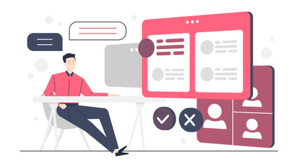 Man working at desk with computer monitor. Suitable for business, technology, work from home concepts in various marketing materials.