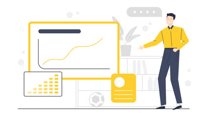 Man pointing to a graph on yellow board, suitable for presentations, business articles, marketing materials, educational resources, and financial reports.