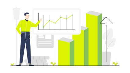 Man points to graph showing growth next to a plant. Suitable for business presentations, financial reports, environmental impact studies, and growth strategies.