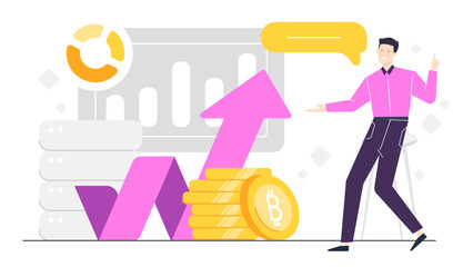 Man pointing at stack of gold coins with pink arrow rising up, symbolizing financial growth and investment opportunities. Suitable for finance concepts.
