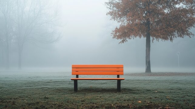 A solitary bright orange bench surrounded by misty fog and autumn trees, creating a serene atmosphere in a tranquil park setting during a cool morning.