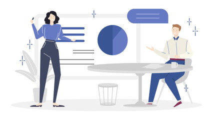 Two people strategizing with a pie chart during a meeting. Suitable for business presentations, data analysis concepts, teamwork collaboration themes.