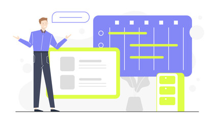 Businessman by whiteboard suitable for presentations, office environments, training materials, corporate websites, educational resources, brainstorming concepts, and marketing strategies.