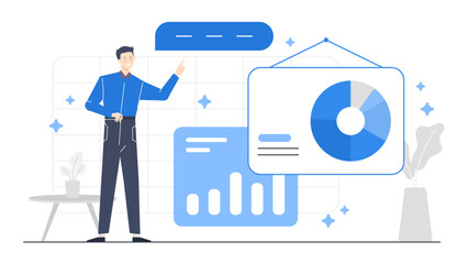 Man pointing to a pie chart and bar graph, suitable for data analysis presentations or business reports on financial performance and trends.