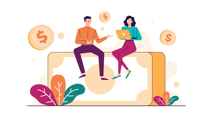 Man and woman sitting on a large dollar bill, representing financial success and partnership. Ideal for finance, business, and investment concepts.
