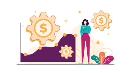 Woman stands by a graph with dollar signs inside gears. Great for presentations, financial reports, business articles, and web design.