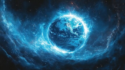 A digital earth globe pulsing with electric energy, futuristic planetary technology 