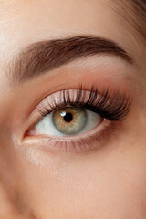 Naklejka premium A close-up beauty shot of a light-skinned person's hazel eye with dramatic makeup. 