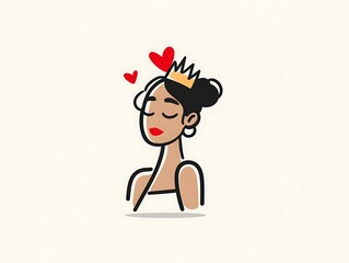 One-line drawing of woman with love heart crown