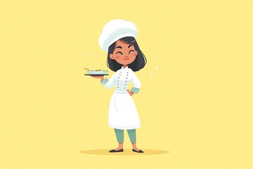 Female chef in white uniform holding a dish proudly in pastel kitchen