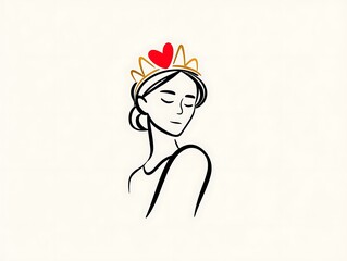 One-line drawing of woman with love heart crown