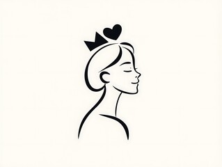 One-line drawing of woman with love heart crown
