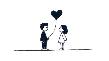 continuous line of couple with love heart-shaped balloon