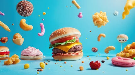 Colorful and Playful Composition of Fast Food and Snacks Floating Against a Bright Blue Background, Showcasing Irresistible Treats and Delicious Burger