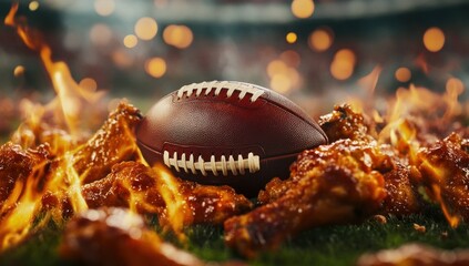 Football on fire, game day, stadium background, with wings