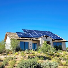 Modern home with solar panels on sunny day