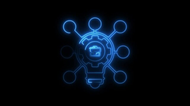 Glowing neon business icon with integrated gear and connected circular nodes