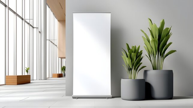Blank roll-up banner display in modern hallway with potted plants. long_title:A minimalist indoor setting featuring a blank roll-up banner display