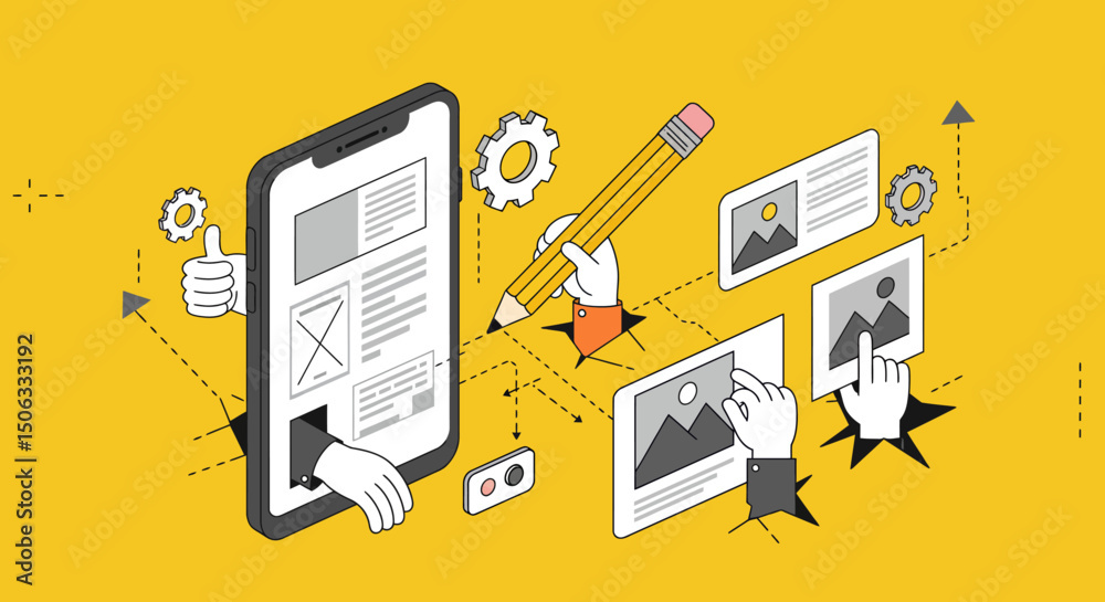 Wall mural a creative flat vector illustration of mobile app ui/ux design and development. hands emerging from 