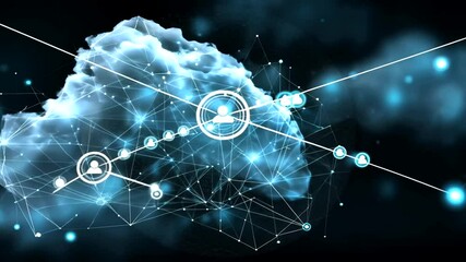 Digital network graphic with glowing cloud and person icons connecting on dark backdrop, symbolizing data transfer and connectivity - Powered by Adobe
