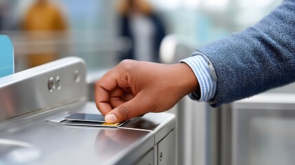 Person tapping travel card at modern metro gate during commute