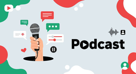 A modern flat vector illustration focused on podcasting and audio content creation. On a soft light gray background with abstract colorful shapes in red, green, and white
