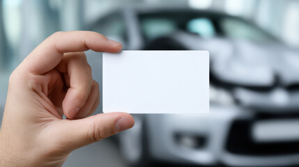 Person holding blank white card front of blurred car showroom or dealership setting. card is centered, with car front visible