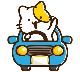 青い車を颯爽と運転するかわいいねこのキャラクターのデフォルメイラスト