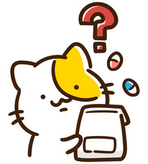処方された薬を受け取って疑問を持つかわいいねこのキャラクターのデフォルメイラスト