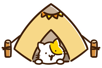 テントの中でリラックスするかわいいねこのキャラクターのデフォルメイラスト