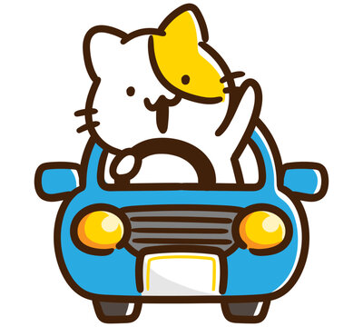 青い車を颯爽と運転するかわいいねこのキャラクターのデフォルメイラスト