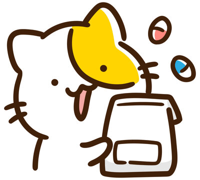 処方された薬の袋を持つかわいいねこのキャラクターの上半身イラスト