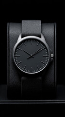 Minimalist black wristwatch with leather strap on display stand