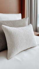 Soft textured white pillow on bed with cozy brown cushion