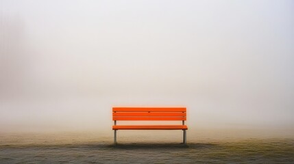 Bright Orange Bench in a Serene Foggy Landscape, Evoking Feelings of Solitude and Reflection, Perfect for Nature and Minimalism Themes in Photography