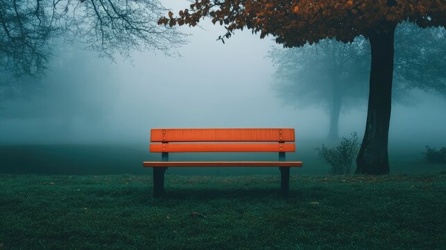 An Isolated Orange Park Bench in a Foggy Landscape Surrounded by Trees, Evoking a Sense of Solitude and Calmness in a Mysterious Atmosphere