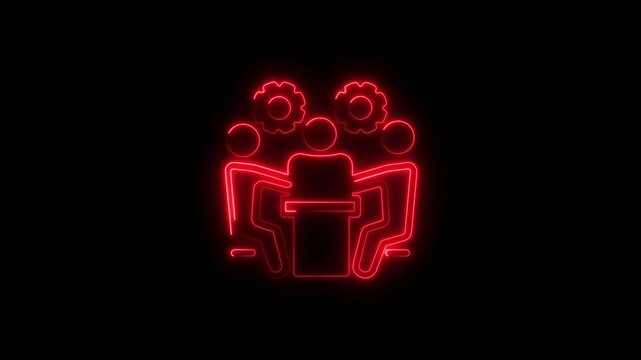 Neon red teamwork meeting with gear icons concept on black background