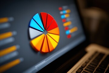 Close-up of laptop screen displaying a vibrant 3D pie chart alongside bar graphs, suggesting data analysis or business report