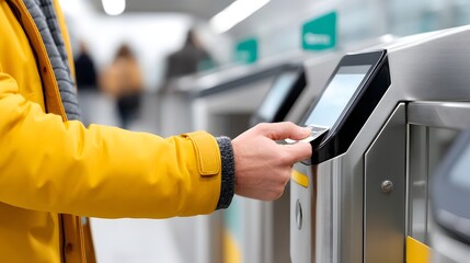 Obraz premium Person scanning e-ticket at subway validator for contactless commute