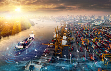 Aerial top view containers ship cargo business commercial logistic and transportation international import export by container freight cargo ship with ocean network on map