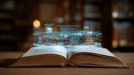 Open book with holographic display in futuristic library setting