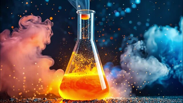 Laboratory flask with glowing yellow liquid. 