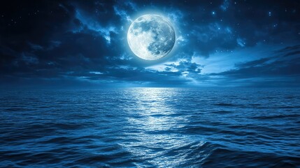 Serene Nightscape of a Full Moon Glimmering Over the Calm Ocean Waters Under a Starry Sky with Dramatic Clouds and Soft Waves Creating a Tranquil Atmosphere
