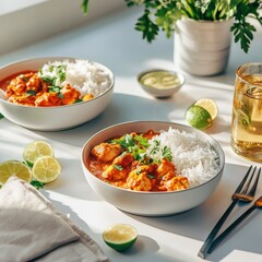 Two Bowls of Chicken Tikka Masala with Rice, Lime Wedges, and Cilantro Garnish on White Table