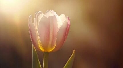 Beautiful Sunrise Illumination on Delicate Pink Tulip with Soft Background Colors Evoking Serenity and Freshness in a Natural Garden Setting