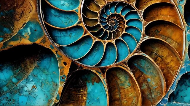 Detailed macro view of turquoise and golden ammonite fossil showing spiral pattern and intricate chamber structures, with textured mineral details.