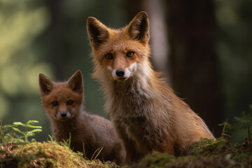 Fototapeta premium a couple of foxes sitting next to each other