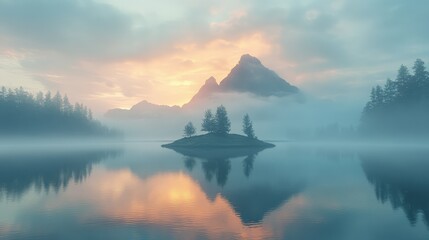 Serene Sunrise Over Misty Lake with Majestic Mountains and Reflections in Calm Waters, Capturing the Beauty of Nature's Tranquility and Dawn Light