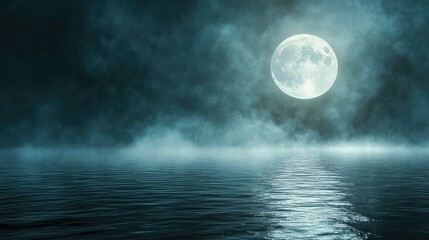 Fototapeta premium Serene Night Scene with Full Moon Illuminating Calm Waters and Mystical Fog Creating a Dreamlike Atmosphere Over Tranquil Ocean Waves Under a Starry Sky